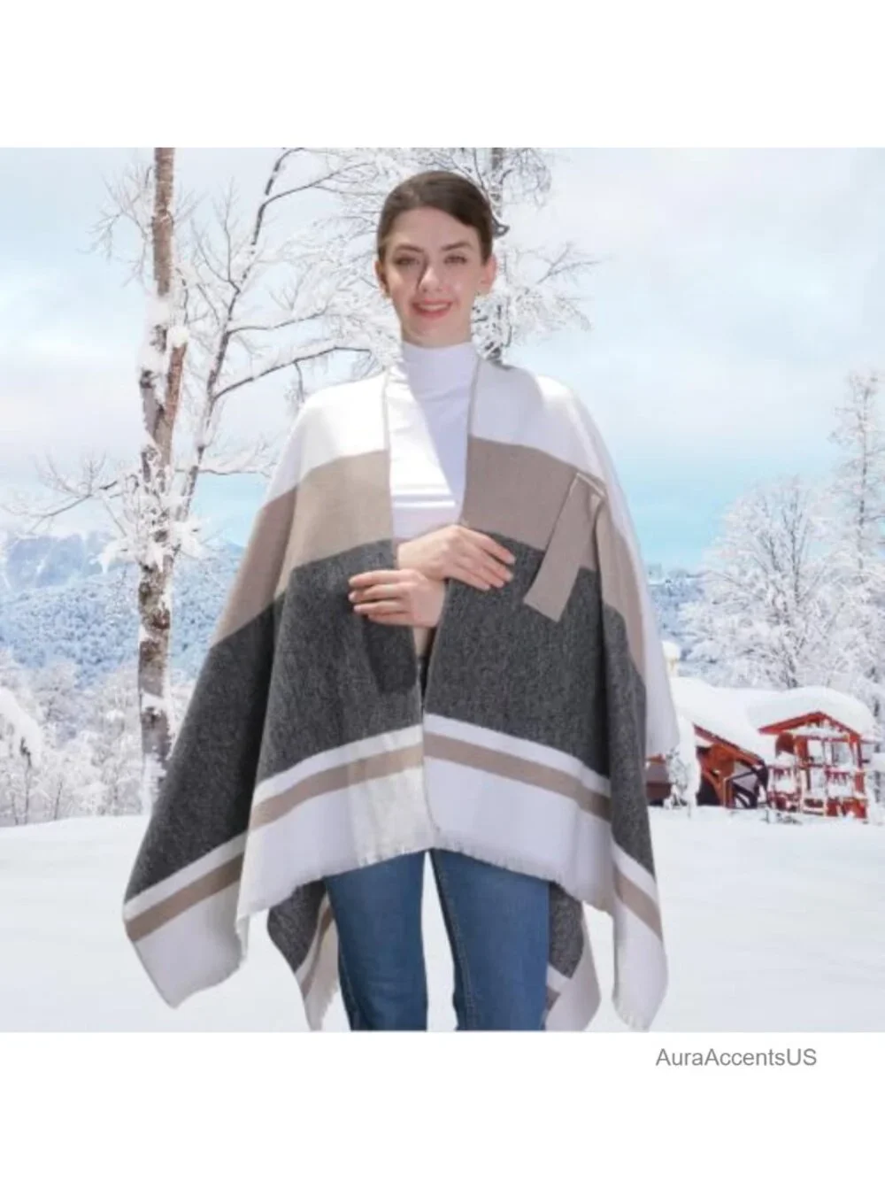 Plaid Shawl Wrap Open Front Poncho Cape Polyester Acrylic